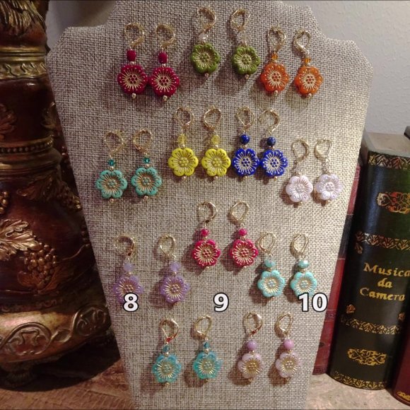 Handcrafted artisanal earrings with whimsical Czech windflowers in 12 colors - Picture 15 of 17